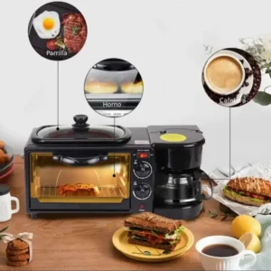 imagen de un horno eléctrico con un plato de comida al lado y nua taza de cafe