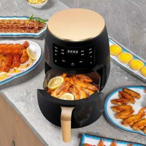 imagen con una freidora de aire con comidas saludables alrededor.